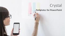  Presentation with percentage - Colorful presentation design enhanced with young-female-broker-with-smartphone backdrop and a white colored foreground