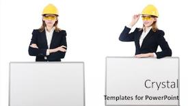  Presentation with whiteboard - Amazing slide deck having young female builder with whiteboard backdrop and a white colored foreground