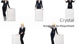  Presentation with builder - Cool new presentation design with various messages notes - young female builder with whiteboard backdrop and a white colored foreground