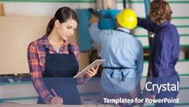  Presentation with boats digital - Presentation theme with young female carpenter holding digital background and a ocean colored foreground