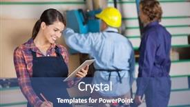  Presentation with coworkers - Presentation theme having young female carpenter using digital tablet while coworkers working in background at workshop background and a ocean colored foreground