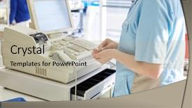  Presentation with helping - PPT theme with young female cashier helping background and a mint green colored foreground