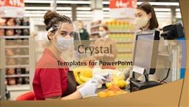  Presentation with disposal mask and gloves - Cool new slides with young-female-cashier-in-protective backdrop and a coral colored foreground