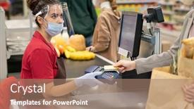  Presentation with credit card - Audience pleasing PPT layouts consisting of young-female-cashier-in-uniform backdrop and a coral colored foreground