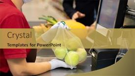  Presentation with customers - Cool new presentation theme with young-female-cashier-in-uniform backdrop and a yellow colored foreground