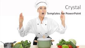  Presentation with chef - PPT layouts consisting of young female chef near table with different products on white background background and a sky blue colored foreground