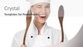  Presentation with utensils - PPT theme having young female chef with utensils on white background background and a white colored foreground