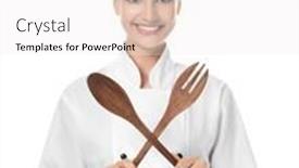  Presentation with utensils - PPT theme consisting of young female chef with utensils on white background background and a white colored foreground