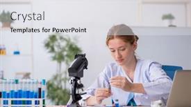  Presentation with drugs - PPT layouts featuring young-female-chemist-in-drugs background and a white colored foreground