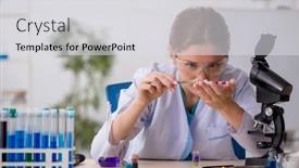  Presentation with drugs - Presentation theme enhanced with young-female-chemist-in-drugs background and a light gray colored foreground