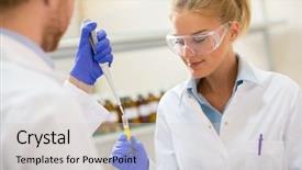  Presentation with lab test - Beautiful theme featuring young female chemist smiling while hold test pipette in lab backdrop and a light gray colored foreground