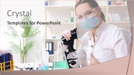  Presentation with worried young female college student - Theme enhanced with chemistry biochemical - young female chemist working background and a sky blue colored foreground