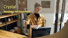  Presentation with monitor computer - PPT theme enhanced with young-female-clerk-with-duster background and a tawny brown colored foreground