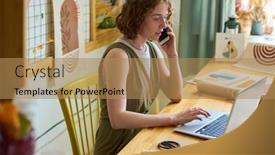  Presentation with smartphone - Presentation theme featuring young-female-clerk-with-smartphone background and a coral colored foreground