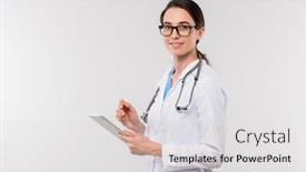  Presentation with patients - Cool new PPT theme with young-female-clinician-in-whitecoat backdrop and a light gray colored foreground