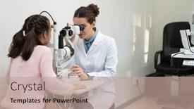  Presentation with eyesight - Slide deck having young-female-clinician-in-whitecoat background and a coral colored foreground