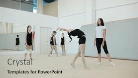  Presentation with cheerleading - PPT theme enhanced with young-female-coach-assessing-flexibility background and a light gray colored foreground