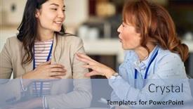  Presentation with young business people - Beautiful presentation theme featuring young-female-colleagues-discussing backdrop and a light blue colored foreground