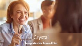  Presentation with coffee talk - Audience pleasing PPT theme consisting of young-female-colleagues-having backdrop and a coral colored foreground