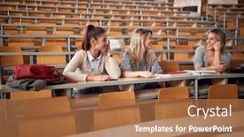  Presentation with female - Presentation design enhanced with young-female-colleagues-talking background and a red colored foreground