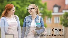  Presentation with worried young female college student - Cool new PPT theme with young female college friends walk backdrop and a  colored foreground