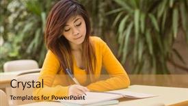  Presentation with canteen - PPT theme with young female college student doing homework in outdoor canteen background and a yellow colored foreground
