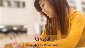  Presentation with canteen - PPT theme having young female college student doing homework in outdoor canteen background and a gold colored foreground