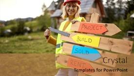  Presentation with estate - PPT layouts having young-female-construction-worker-cheering background and a  colored foreground
