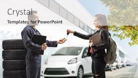  Presentation with keys - Beautiful theme featuring young-female-customer-handing-car backdrop and a white colored foreground