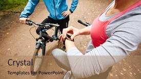  Presentation with cycling - PPT theme enhanced with young female cyclist checking time background and a coral colored foreground