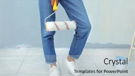  Presentation with paint roller - Presentation theme with young female decorator with paint roller in room closeup background and a light blue colored foreground