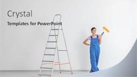  Presentation with paint roller - PPT theme enhanced with young female decorator with paint roller near ladder in room background and a light gray colored foreground
