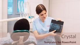  Presentation with dentist xray - Theme enhanced with young-female-dentist-doctor-showing background and a soft green colored foreground