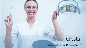  Presentation with portrait of excited overjoyed female - PPT layouts consisting of young female dentist holding toothbrush background and a  colored foreground