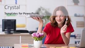  Presentation with breakfast - Presentation theme with young-female-designer-having-breakfast background and a light gray colored foreground