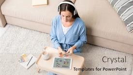  Presentation with blue music - PPT theme featuring young-female-designer-in-blue background and a soft green colored foreground