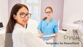  Presentation with operating room - Colorful PPT theme enhanced with young-female-doctor-and-operating backdrop and a lemonade colored foreground