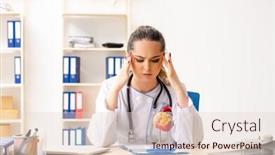 Presentation with cardiologist - Cool new PPT layouts with young female doctor cardiologist sitting at the hospital backdrop and a lemonade colored foreground