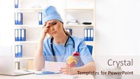  Presentation with cardiologist - Slide deck with young female doctor cardiologist sitting at the hospital background and a lemonade colored foreground