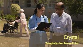  Presentation with medical clipboard - Slide deck consisting of young female doctor discussing medical background and a tawny brown colored foreground