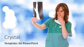  Presentation with xray - Amazing slide deck having young female doctor holding up xray backdrop and a light blue colored foreground