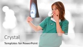  Presentation with xray - Audience pleasing PPT theme consisting of young female doctor holding up xray backdrop and a white colored foreground