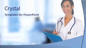  Presentation with portrait of excited overjoyed female - PPT theme having young female doctor hospital theme background and a sky blue colored foreground