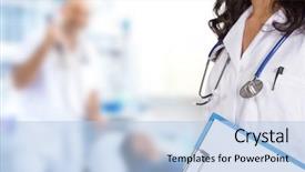  Presentation with portrait of excited overjoyed female - Audience pleasing slide set consisting of young female doctor hospital theme backdrop and a light blue colored foreground