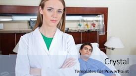  Presentation with hospital bed - Beautiful presentation theme featuring young female doctor in hospital with patient lying on bed in background backdrop and a light blue colored foreground