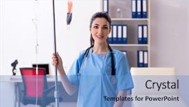  Presentation with infusion - Presentation design having young female doctor in infusion background and a teal colored foreground