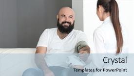  Presentation with blood pressure - Presentation enhanced with young female doctor measuring blood background and a light blue colored foreground