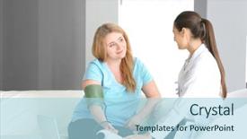  Presentation with blood pressure - Presentation theme enhanced with young female doctor measuring blood background and a light blue colored foreground