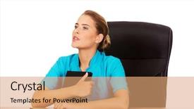  Presentation with nurse thinking - Slides enhanced with young female doctor or nurse sitting behind the desk and thinking about something background and a coral colored foreground