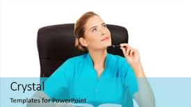  Presentation with nurse thinking - Theme consisting of young female doctor or nurse sitting behind the desk and thinking about something background and a teal colored foreground